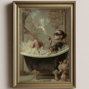 Vintage Glam Bathtub Art Print | Moody Vanity Digital Painting Art